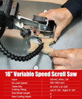 16 Inch Variable Speed Scroll Saw With Pinless Blades, 1.3A Motor, cutting wood piece on table