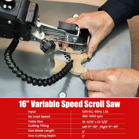 16 Inch Variable Speed Scroll Saw With Pinless Blades, 1.3A Motor, cutting wood piece on table