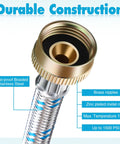 Close-up of Y Hose Connector for Washing Machines 1 ft Stainless Steel Braided Splitter with Brass Fittings, Burst Proof