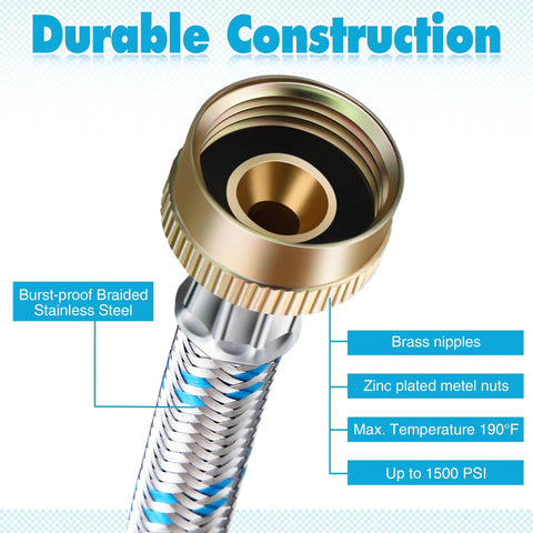 Close-up of Y Hose Connector for Washing Machines 1 ft Stainless Steel Braided Splitter with Brass Fittings, Burst Proof