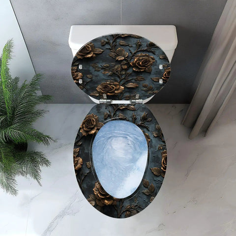 Elongated Toilet Seat Resin for Bathroom with rose design, suitable for standard toilets, top view.