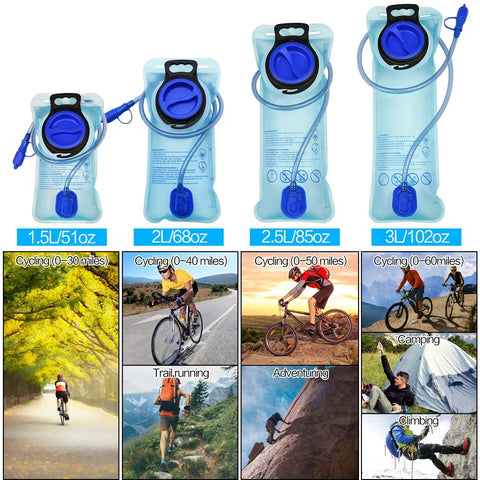 Hydration Bladder With Large Opening For Easy Fill, Leakproof Water Reservoir Bag In 1.5L to 3L Size Options, shown in different activities.