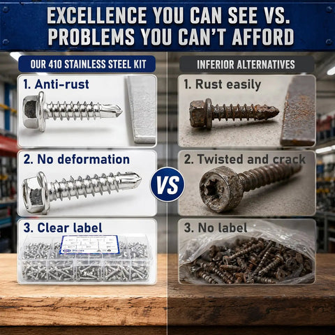 Comparison of 450 Piece Self Tapping And Self Drilling Screws Set In 410 Stainless Steel Hex Washer Head Kit against rusty screws.