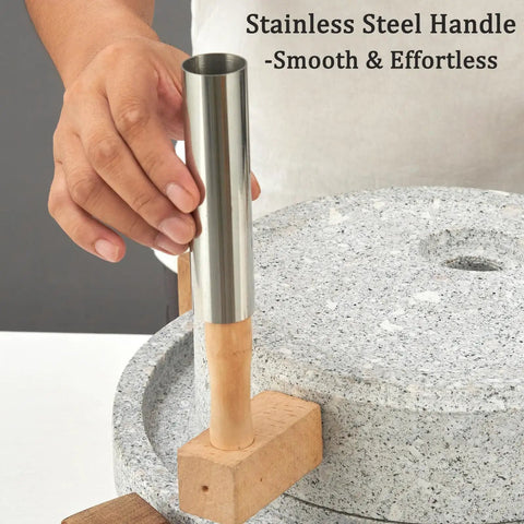Close-up of a Manual Stone Grain Mill For Dry And Wet Grinding, Granite Stone Grinder with Stable Wood Base handle