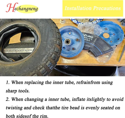 Heavy Duty Inner Tubes For 4.10/3.50-5 With TR-87 Bent Valve Stem, 2-Pack, with installation instructions and setup tools.