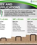 Beefy T50 Staples For Staple Guns Rock Solid Stainless Steel Heavy Duty Industrial Tacks with size applications chart.