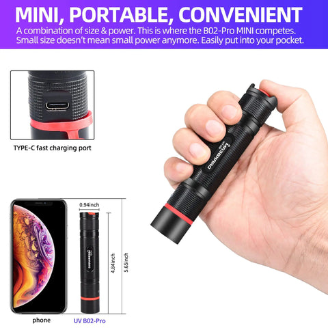 Hand holding UltraBright 365nm UV Flashlight Black Light Mini USB Rechargeable Ultraviolet Spotlight with phone for size comparison.