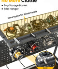 Garage Fishing Gear Rack With Four Tier Design And Top Reel Holder Holds Up To Six Spinning Reels Metal Top Basket detail