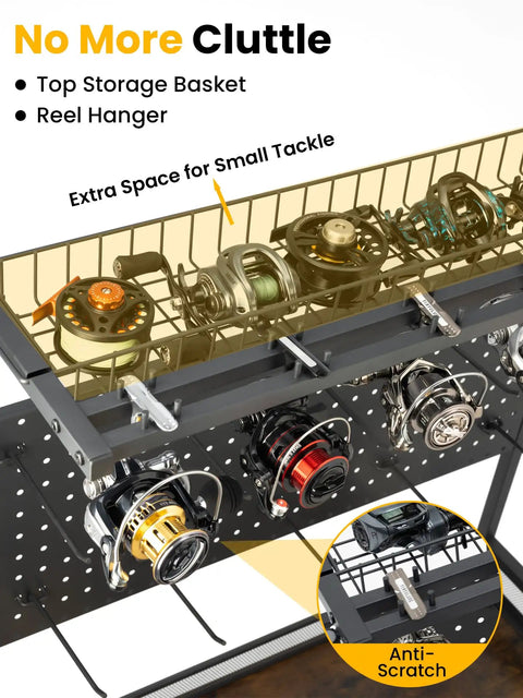 Garage Fishing Gear Rack With Four Tier Design And Top Reel Holder Holds Up To Six Spinning Reels Metal Top Basket detail