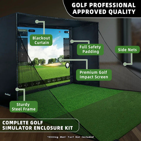 Indoor Golf Simulator Enclosure Kit With Premium HD Impact Screen, 10 x 8 ft Net Cage, full safety padding, blackout curtain
