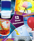 Image illustrating 12 water experiments from 30 Plus Experiments Science Kit For Kids With Lab Coat Chemistry Set And STEM Toys Gift For Boys And Girls With Awesome Kid Friendly Educational Learning Tools For At Home Science Projects, featuring colorful scientific activities.