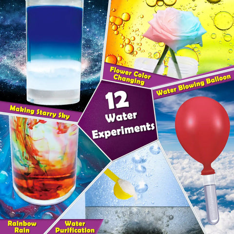 Image illustrating 12 water experiments from 30 Plus Experiments Science Kit For Kids With Lab Coat Chemistry Set And STEM Toys Gift For Boys And Girls With Awesome Kid Friendly Educational Learning Tools For At Home Science Projects, featuring colorful scientific activities.