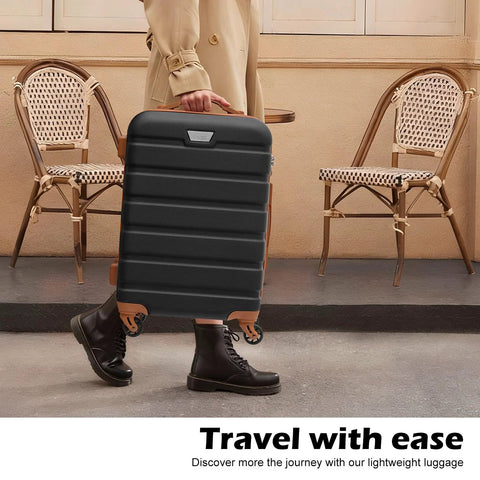 Coolife black hard-shell luggage suitcase with tan corner guards and spinner wheels