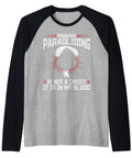 Paragliding Is In My Blood Raglan Baseball Tee For Powered Paraglider Enthusiasts, gray-black shirt with paragliding graphic
