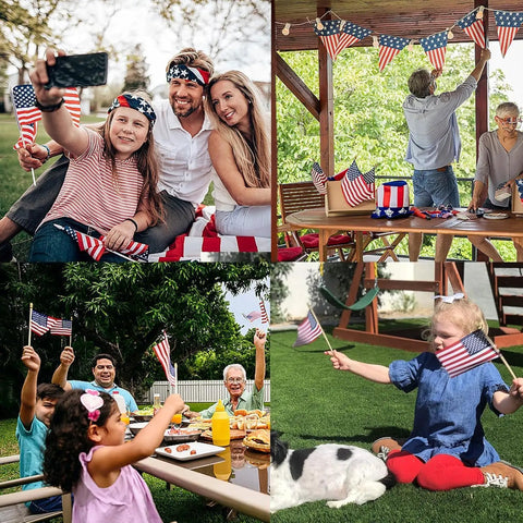 Families celebrating with 12 Pack 8x12 Inch American Flags On Sticks With Wooden Poles And Golden Spear Tops for outdoor events.