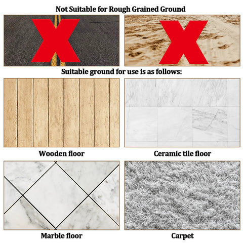 Diagram showing unsuitable rough surfaces and suitable surfaces like wood, ceramic, marble, carpet for Ten Pack Vintage Brass Stem Caster Wheels.