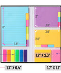 Neon Sticky Notes Set 410 Pack with 150 Neon Index Tabs and Divider Pads shown with size dimensions for planning use.