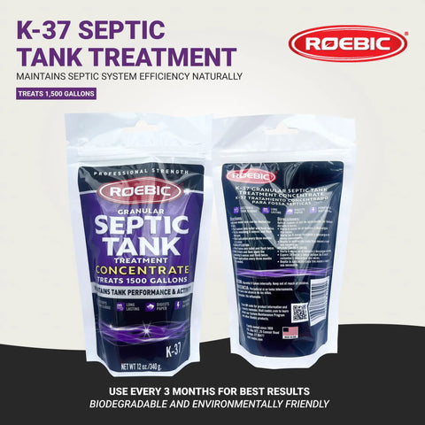 Front and back of K-37-BAG Granular Septic Tank Treatment Concentrate For Odor Control Sludge Reduction And Paper Digestion 12 Ounce