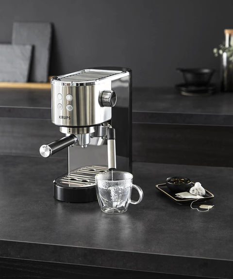 Semi Automatic Espresso Coffee Maker With Built In Steam Wand And High Pressure Pump For Rich Creamy Shots on dark kitchen countertop.