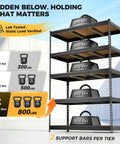 Beefy 4000 Lbs Five Tier Metal Garage Shelving Unit With 72 Inch High, 48 Inch Wide, 24 Inch Deep, Matte Black Powder Coat Finish, Heavy Duty Steel Storage Rack Built To Last In Tough Garage, five-tier black steel rack with 800 lb shelves