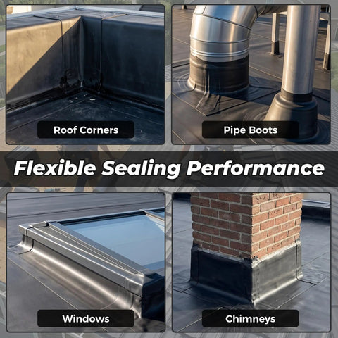 Fifty Mil Thick Self Adhesive EPDM Rubber Roofing Roll with flexible sealing for roof corners, pipe boots, windows, and chimneys.