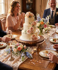 13 Inch Acacia Wood Cake Stand With Lazy Susan Rotating Turntable holding a decorated wedding cake at a dinner party.
