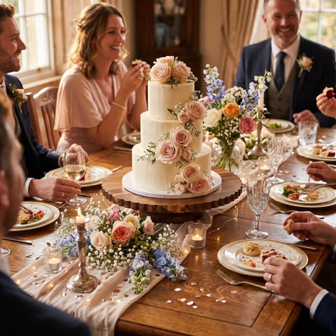 13 Inch Acacia Wood Cake Stand With Lazy Susan Rotating Turntable holding a decorated wedding cake at a dinner party.