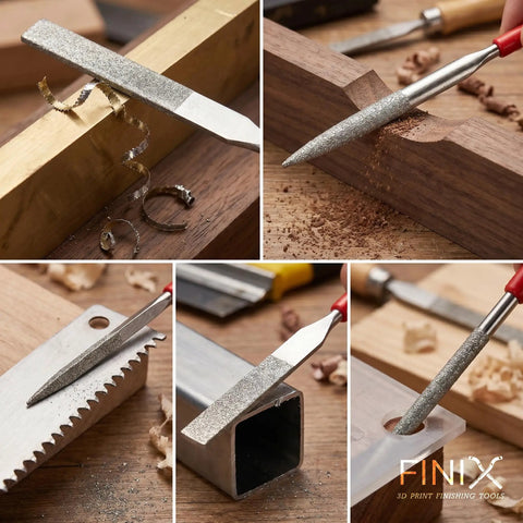 3D Printing Deburring Tool Set With An Ultra Thick Grip Anti Fatigue Handle, shown filing wood, metal and resin edges
