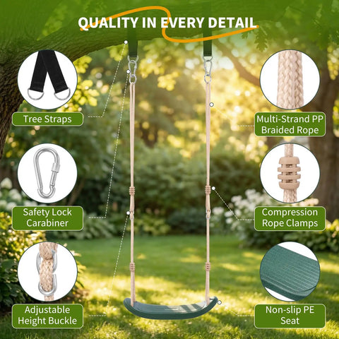 Weatherproof Kids Swing Seat With 264 Lb Capacity, Built To Last Heavy Duty Tree Swing, Ergonomic Design in green backyard