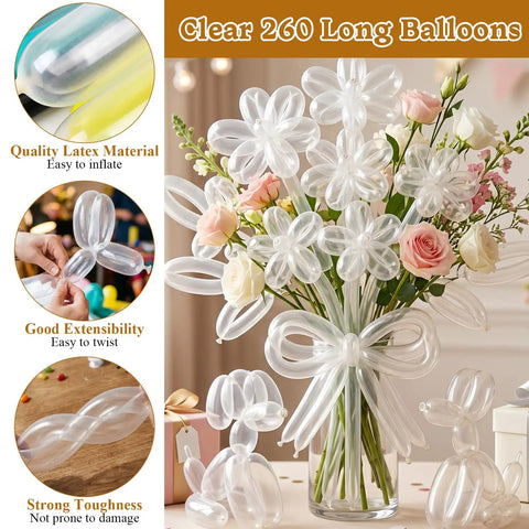 Massive Balloon Arch Kit With 100 Long Skinny Latex Twisting Strips Plus Heavy Duty Plastic Clips For Birthday Weddings And Epic Party Backdrops, clear 260 latex flower balloons