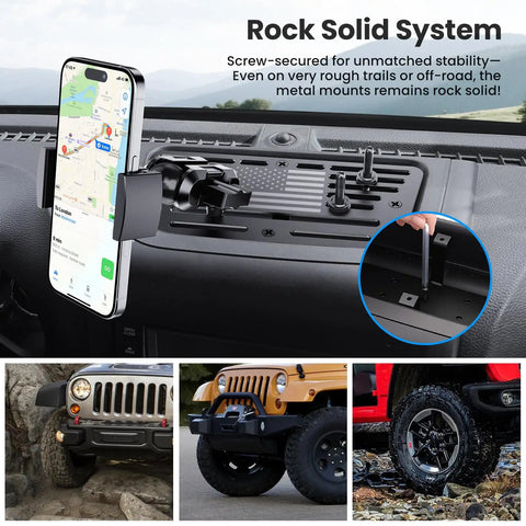 Heavy Duty Metal Phone Mount For Jeep Wrangler JK JKU 2011 To 2018 Dash Holder With Duck Mounts System Kit shown installed on dashboard