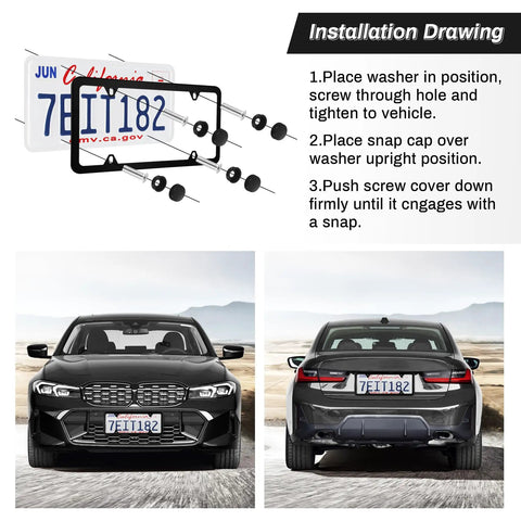 Installation guide for Stainless Steel License Plate Frames 2 Pack With 4 Hole Mount For US Vehicles Includes Screws Washers Caps Black
