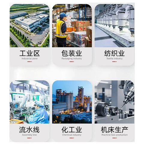 Collage showing industrial facilities: textile, packaging, assembly line, chemical industry, and machine tool production.