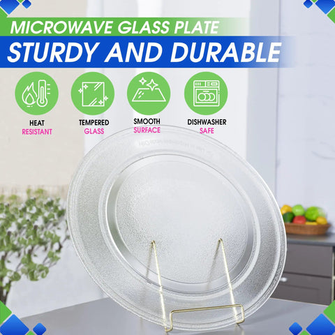 16 Inch Microwave Turntable Plate Replacement Fits WB49X10166 Glass Plate for Even Reheating and Cooking on display stand