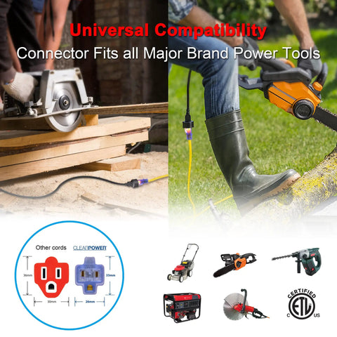 Heavy Duty Outdoor Extension Cord 100 Ft Green With Lighted Connector 12/3 SJTW being used with power tools outdoors