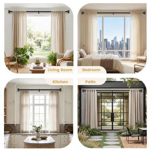 Heavy Duty Black Wrap Around Curtain Rod Set, Adjustable 66 To 120 Inch, Room Darkening Matte Black Drape Rod in living room, bedroom, kitchen, and patio