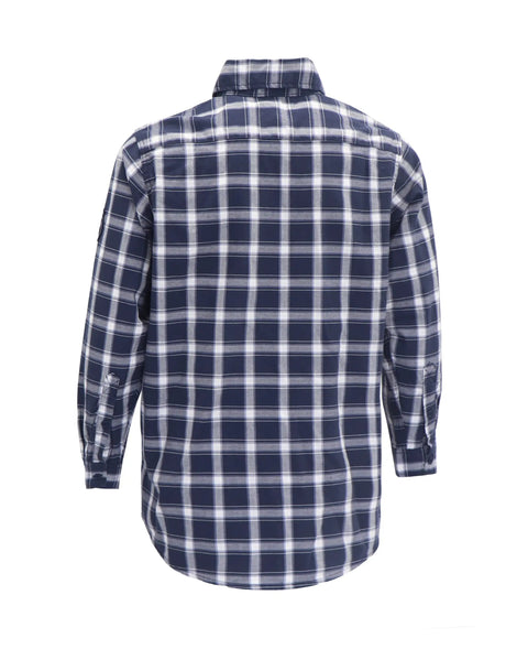 Back view of Flame Resistant Work Shirt For Men In Navy White Plaid, 6.25oz FR Cotton Twill, Lightweight Welding Shirt