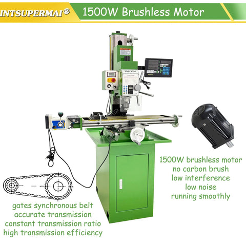 IntSupermai 1500W Brushless Vertical Mill Drill Machine R8 Taper 50-2250 RPM Variable Speed on green benchtop with digital readout.