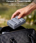 Person placing Neo 2 Parallel Charging Hub for DJI Drone, 65W USB C Fast Charger into a travel bag, emphasizing portability.