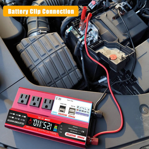 Heavy Duty 1000W Car Power Inverter That Converts 12V DC To 110V AC Smoothly with battery clip connection in a vehicle's engine bay.
