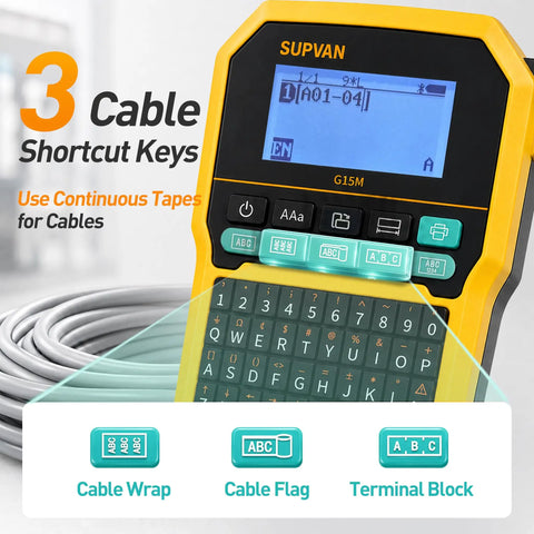 Top Shelf Bluetooth Label Maker With Mini Qwerty Keyboard For Heavy Duty Cable Tags And Heat Shrink Tubing Printing showing shortcut keys and display