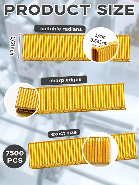 Pro Level 18 Gauge Narrow Crown Staples 7500 Count 1/2 X 1/4 Inch Gold Galvanized fasteners showing sharp edges and size details.