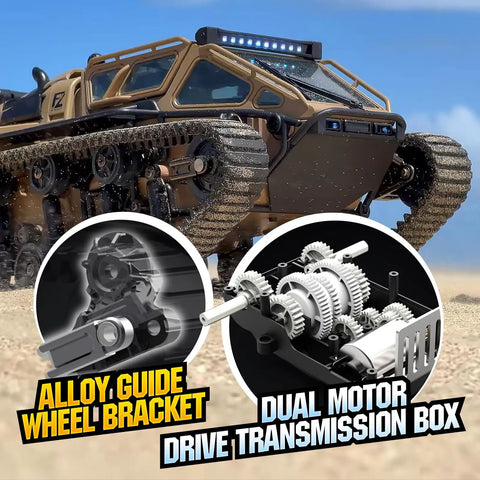 RC Military Tank With Bright LED Lights 2 4G Remote Control 1 16 Scale All Terrain Vehicle Dual Motor Drive Door Open Yellow Full Proportional Tank With Two Batteries showing details of the alloy guide wheel bracket and dual motor drive transmission box on rough terrain.