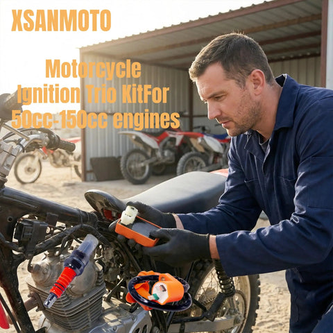 Man installing Ignition Trio Kit With CDI Box Ignition Coil And Spark Plug For GY6 50cc 125cc 150cc ATV Scooter Honda TRX70