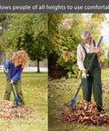 Adjustable Leaf Rake With 32 Gallon Yard Waste Bag And Leaf Scoops in use, showing versatility for different heights in yard cleanup