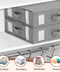 Heavy Duty Linen Bed Sheet Storage Organizer For Closet with gray fabric bins for linens and clothes on a shelf.