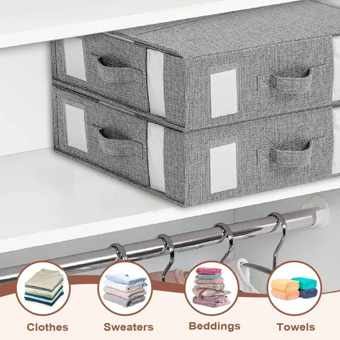 Heavy Duty Linen Bed Sheet Storage Organizer For Closet with gray fabric bins for linens and clothes on a shelf.