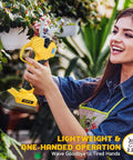 Woman using Beefy Brushless Electric Pruning Shears 20V Battery Compatible Cordless Garden Pruner with LCD Display in garden.