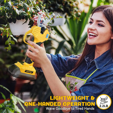Woman using Beefy Brushless Electric Pruning Shears 20V Battery Compatible Cordless Garden Pruner with LCD Display in garden.