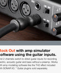 Close-up of a rackmount USB audio and MIDI interface showing inputs for guitar and line with text instructions.